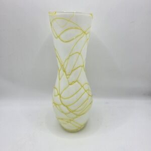 White‎ Art Glass Vase Yellow Threaded Swirl Tall Modern Decorative Vase 11"